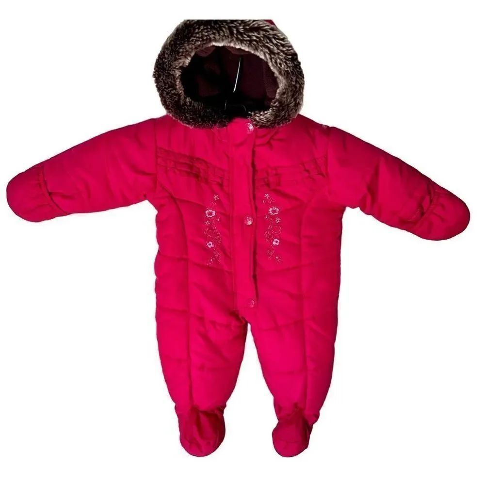 London Fog Baby 3/6m Snowsuit Pink Floral Embroidered Hooded Very Warm